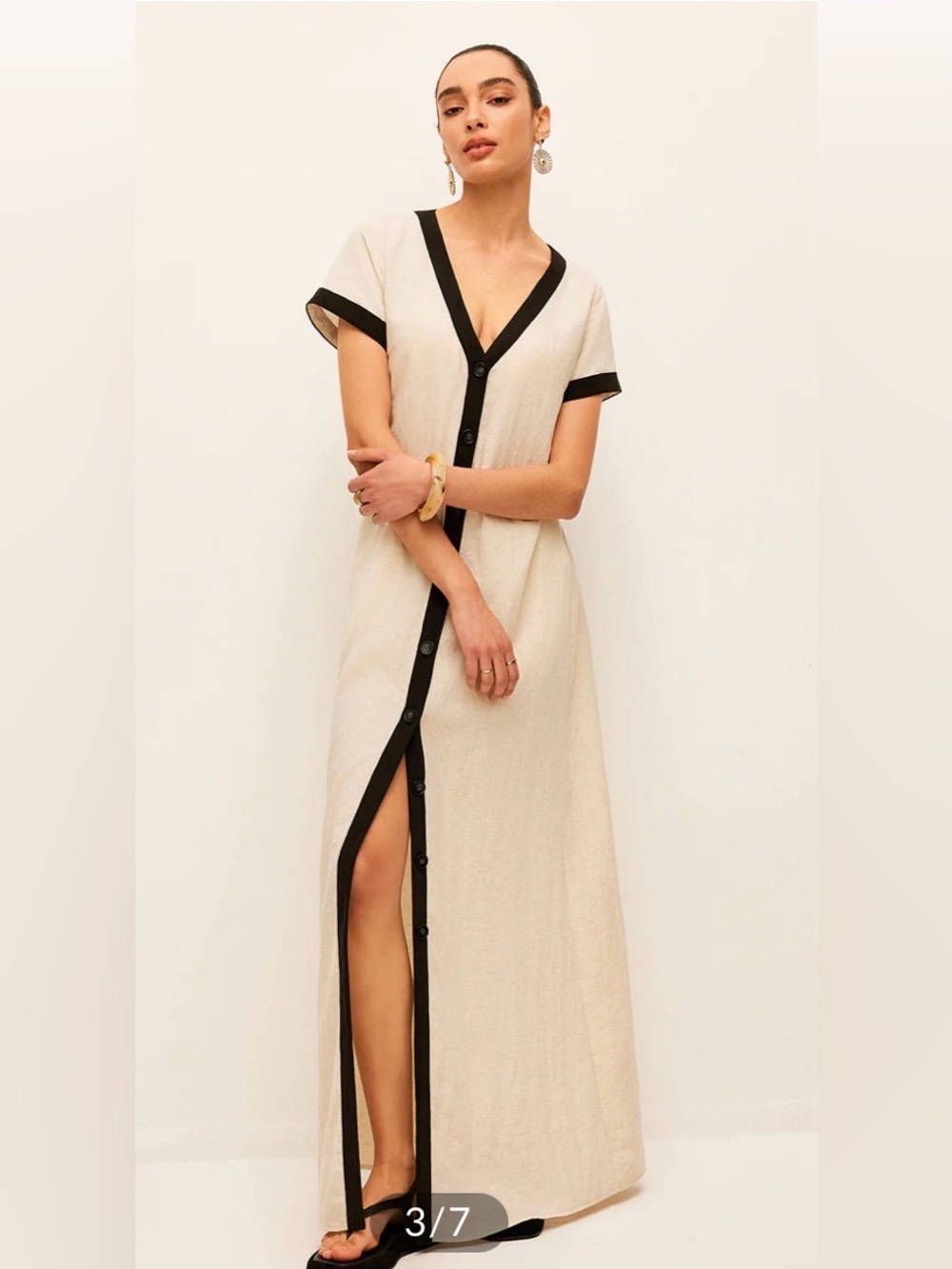 Commense Cotton- Linen high-Slit Constrast Trim Dress